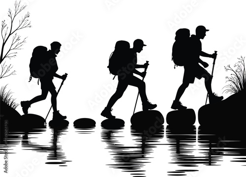 Silhouetted Group of Hikers Crossing a Stream on Stepping Stones with Transparent Background