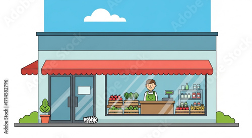 Illustration of a local grocery store with fresh produce and friendly service for small business marketing