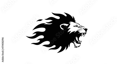 A fierce black lion's head with a fiery mane, roaring aggressively against a white background.