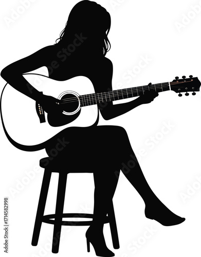 Guitarist Silhouette Vector Illustration Woman Playing Acoustic Instrument on Transparent Backdrop
