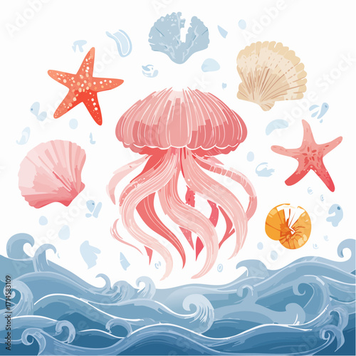 Watercolor Ocean Life Jellyfish, Starfish, Shells and Waves