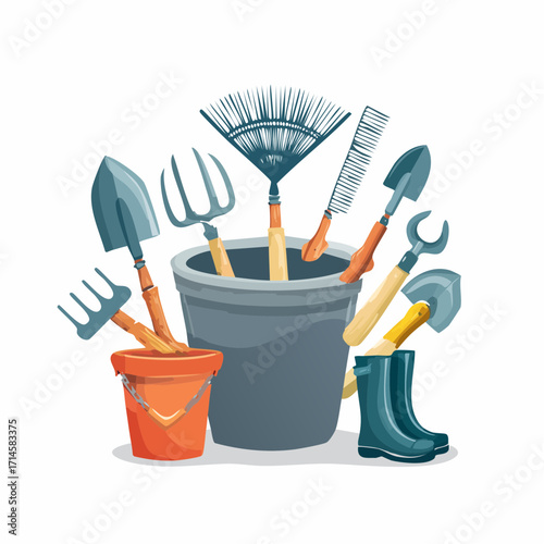 A collection of essential gardening tools and equipment in buckets, including a rake, shovel, and fork, ready for yard work. Vector illustration