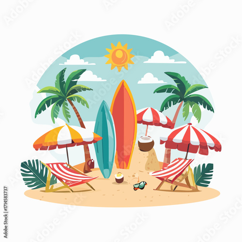 Tropical Beach Getaway Surfboards, Sun Umbrellas, and Palm Trees on the Sandy Coast