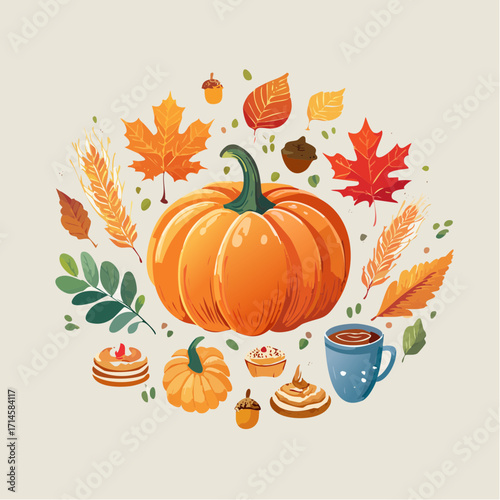 An inviting circular arrangement of autumn elements, centered by a plump orange pumpkin, surrounded by vibrant fall leaves, golden wheat, and cozy seasonal treats, perfect for harvest celebrations