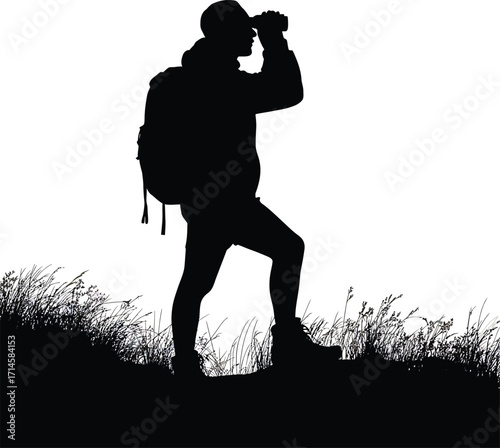 Silhouette of a Hiker with Binoculars on a Transparent Background Exploring the Outdoors