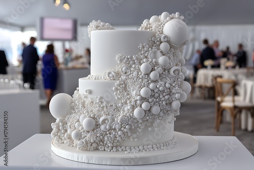 An elegant white wedding cake decorated with intricate sugar bubbles, creating a whimsical and airy design