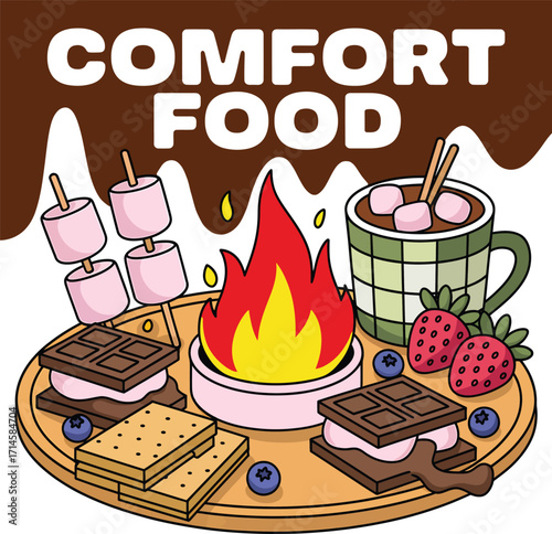 Cozy Comfort Food Vector with Smores, Campfire, and Hot Chocolate, comfort food, hot chocolate