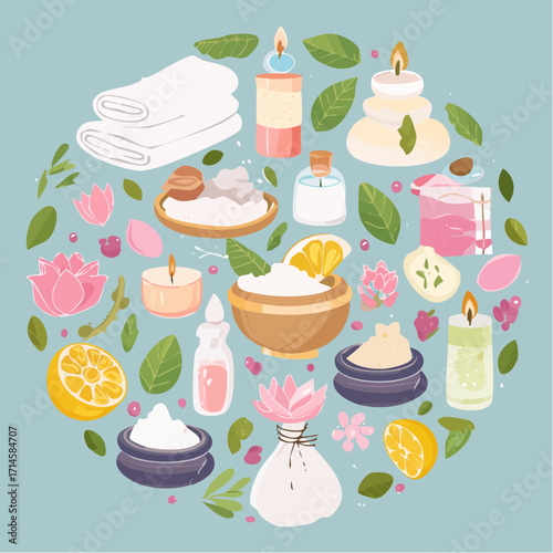 Spa Day Illustration A collection of spa treatment elements arranged in a circular design