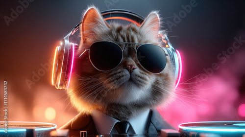 Stylish feline DJ wearing headphones and sunglasses, spinning records on turntables amid vibrant nightclub lights and smoky ambiance