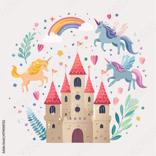 Whimsical cartoon illustration of a magical dream world featuring a fairytale castle, cute flying unicorns, and a rainbow