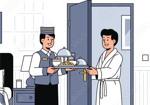 Hotel staff delivering room service breakfast to a guest in a white robe
