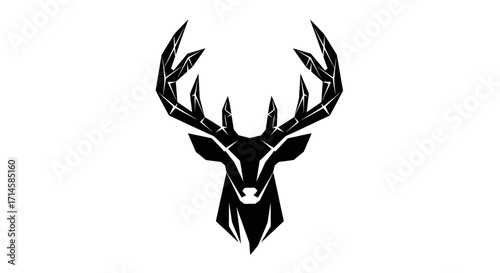 A striking black and white graphic illustration of a stag's head with angular, geometric antlers.