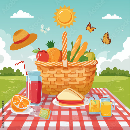 A delightful summer picnic spread with a basket overflowing with bread, fruits, and drinks, set on a checkered blanket under a sunny sky with butterflies fluttering by