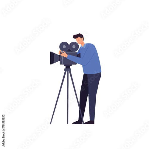 A flat 2D vector illustration depicts a focused cameraman meticulously adjusting his professional video camera, standing against a clean, plain white background.
