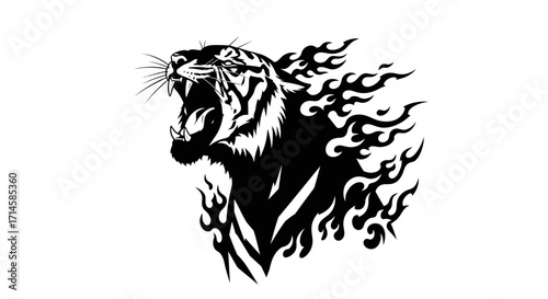 A fierce black tiger with flames erupting from its mane and body, depicted in a stylized, graphic art style.