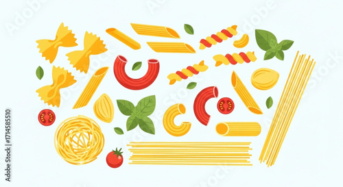 Variety of italian pasta types farfalle penne rigate fusilli spaghetti and basil for a delicious recipe idea