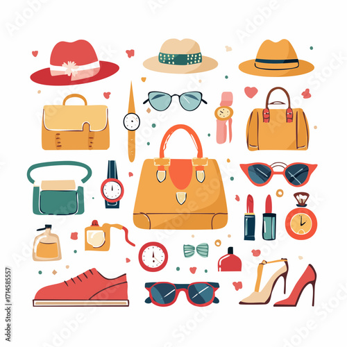 Collection of Fashion Accessories for Women and Men, Including Hats, Bags, Shoes, Watches, and Sunglasses