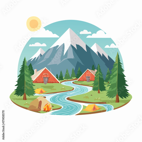 Serene mountain landscape illustration with river, cabins, and camping. Flat design showing nature, tents, and campfire for outdoor adventure