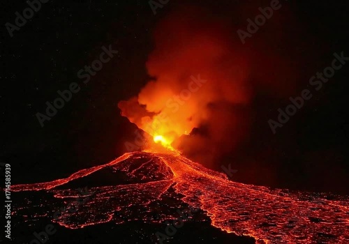Spectacular Volcanic Eruption at Night - A Fiery Display of Natures Power.
