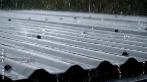 Heavy rain falling on a corrugated metal roof, creating ripples and splashes.