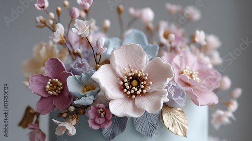 An ethereal wedding cake decorated with sugar flowers in pastel tones, evoking a delicate and dreamy vibe