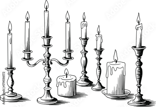 Collection of Hand Drawn Candles and Candlesticks in Black and White Keywords: candle, candlestick, candelabra, flame, light