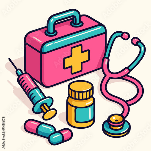 Isometric illustration of medical equipment including a first-aid kit, stethoscope, syringe, and pills.