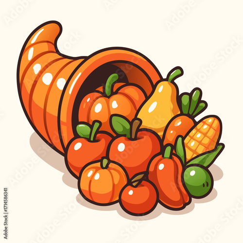 A cornucopia overflowing with autumnal fruits and vegetables, including pumpkins, apples, pears, peppers, and corn.