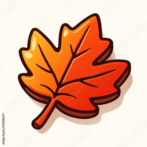 A stylized illustration of a vibrant autumn leaf, showcasing warm orange and red hues with a distinct outline.