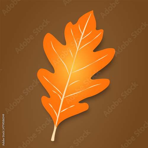 The autumn leaf is orange-yellow in color with light streaks and shadows on a brown background.