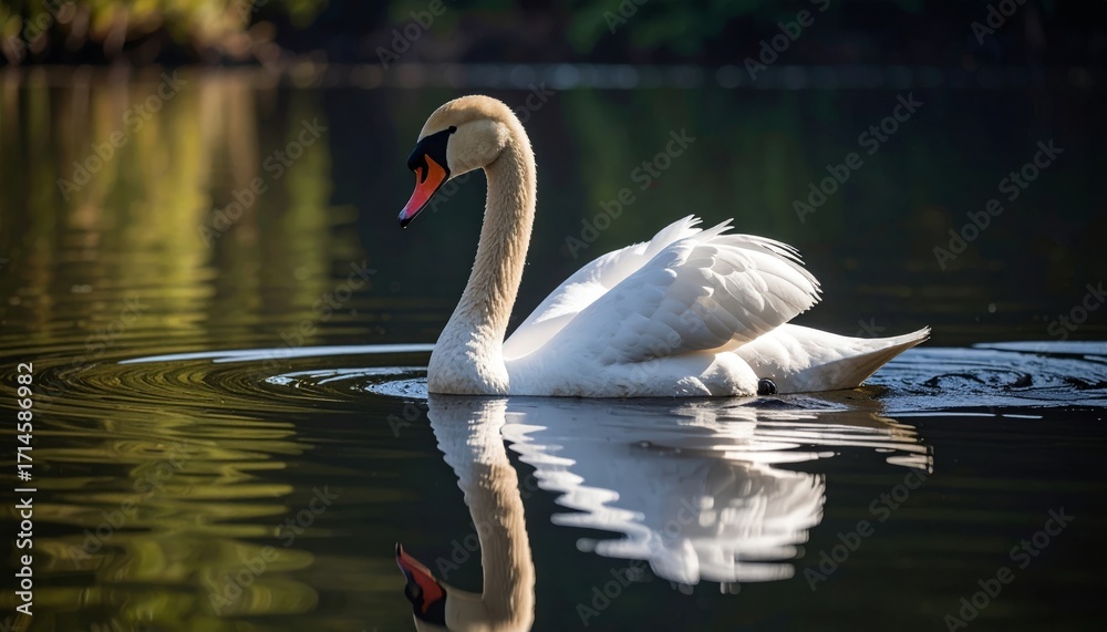 Fototapeta premium Elegant swan swimming on a tranquil lake reflecting perfectly on the still water surface at daytime