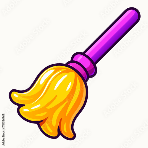 Vector illustration of cartoon mop with pink handle and yellow cleaning cloth 
