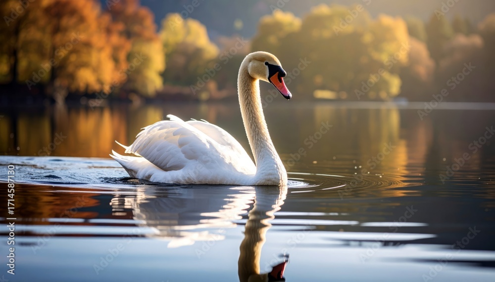 Fototapeta premium Elegant white swan gracefully glides across the still lake water in the soft, warm autumn light.