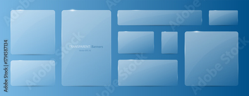 A large set of transparent matte banners of different sizes on a light blue background.