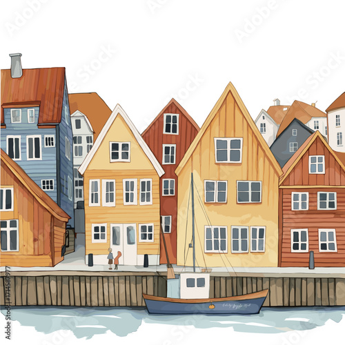 Bryggen Wharf. Bryggen Wharf watercolor vector illustration