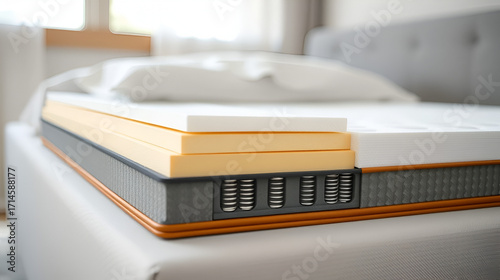 Cross section of modern mattress with several layers memory foam, latex, independent springs. Concept of comfortable bed, quality orthopedic mattress tech. Interior view of bedding.