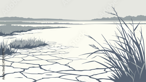 Vector illustration of a parched, cracked earth landscape with sparse reeds and distant wetlands, symbolizing drought and environmental crisis in a...