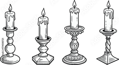 Four Ornate Candle Holders with Lit Candles and Dripping Wax Sketch decorative antique