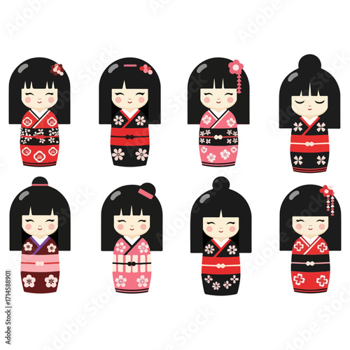 Collection of Japanese Kokeshi Dolls in Various Kimono Designs.