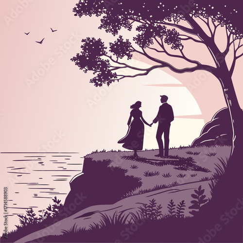 Romantic Couple Silhouette Sunset Ocean Cliffside Tree romantic couple silhouette