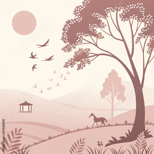 Serene landscape painting idyllic nature scene beautiful hills serene landscape