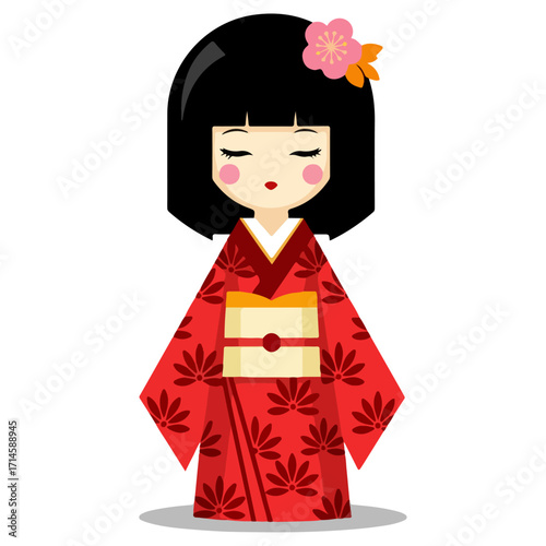 Japanese Kokeshi Doll in Traditional Red Kimono.