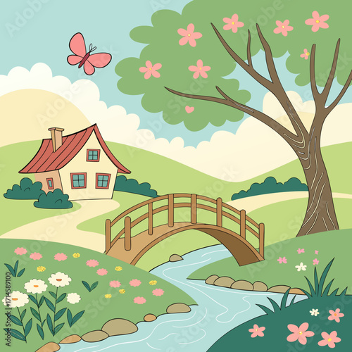 Charming house near river idyllic spring scene nature landscape charming