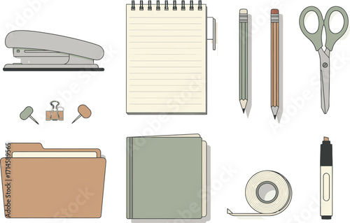 A collection of essential office supplies and stationery items arranged neatly