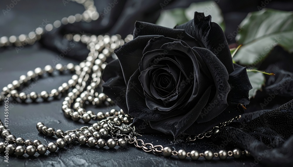 Obraz premium A single dark black rose rests entwined upon delicate silver gothic jewelry.