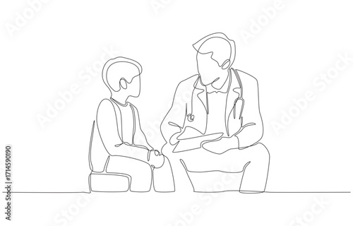Continuous one line drawing of psychiatrist having friendly conversation with child patient, symbolizing pediatric psychiatry, mental health problems in childhood, single line art.