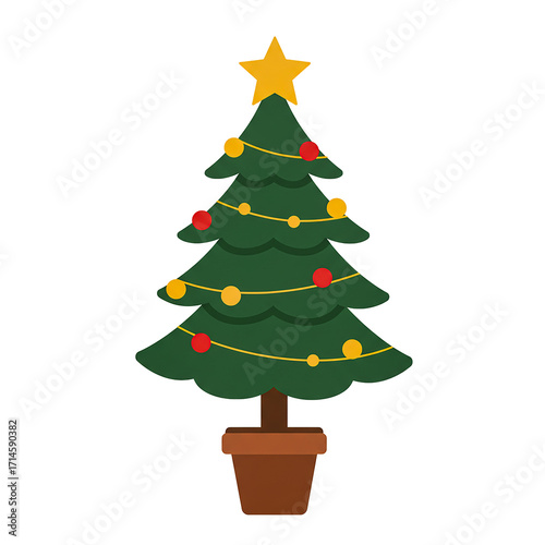 A festive Christmas tree adorned with colorful ornaments and a golden star on top, set in a brown pot. The tree stands tall with a joyful spirit