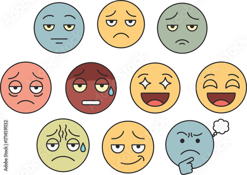 Collection of diverse cartoon emoji faces displaying a range of emotions and expressions