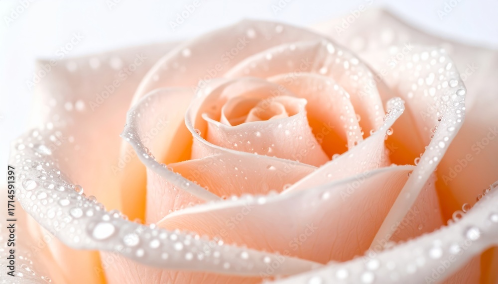 Fototapeta premium Close-up of a delicate peach rose with water droplets conveys freshness and