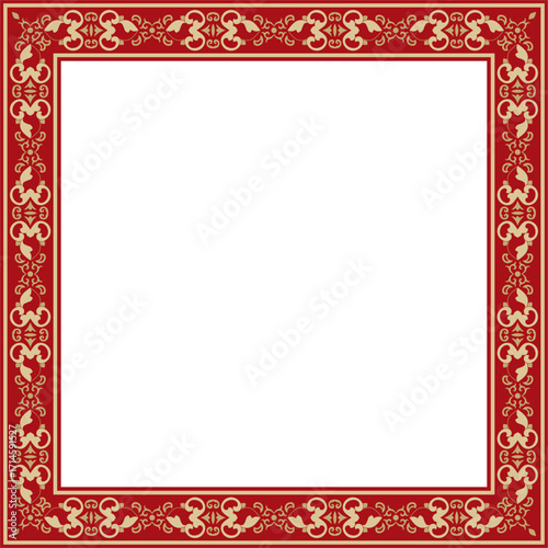 Vector square gold with red ancient Russian ornament. Slavic rectangle, border, frame. Painting of the royal chambers.